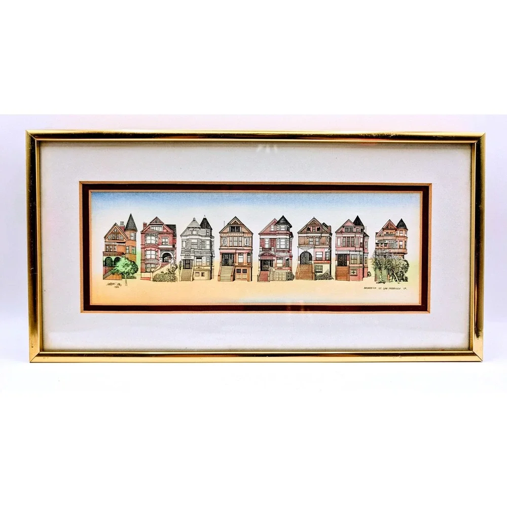 Martin Tang 1984 San Francisco Broderick St Painted Ladies Victorian Art Framed